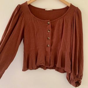 Rust Color Button Down Long Sleeve Crop Blouse